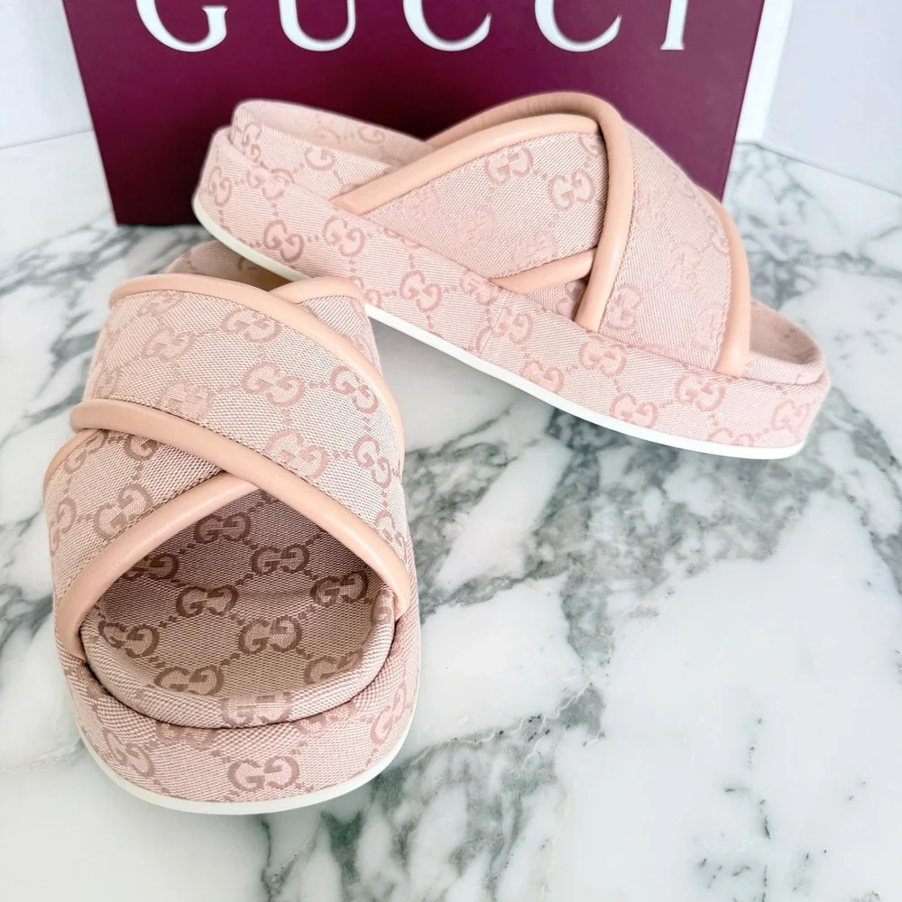 Gucci GG Canvas Platform Slide Sandals Light Pink Monogram Leather Trim 37